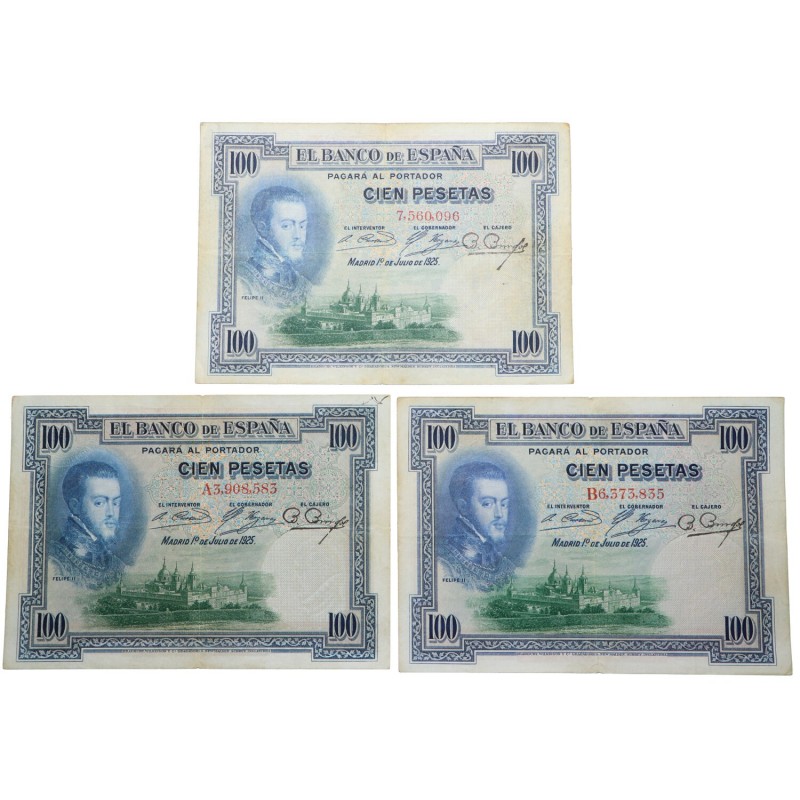 1925. Billetes Españoles. Sin serie, Serie A y B. Lote de 3 billetes: 100 peseta...