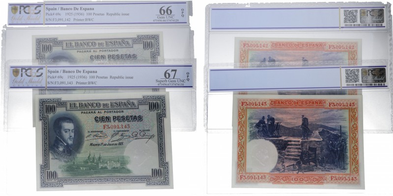 1925. Billetes Españoles. II República. Seire F. Felipe II. Pareja correlativa: ...
