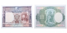 1925. Billetes Españoles. 1000 pesetas. EXTRAORDINARIO ejemplar con leve abarquillamiento central. SC-. Est.100.
