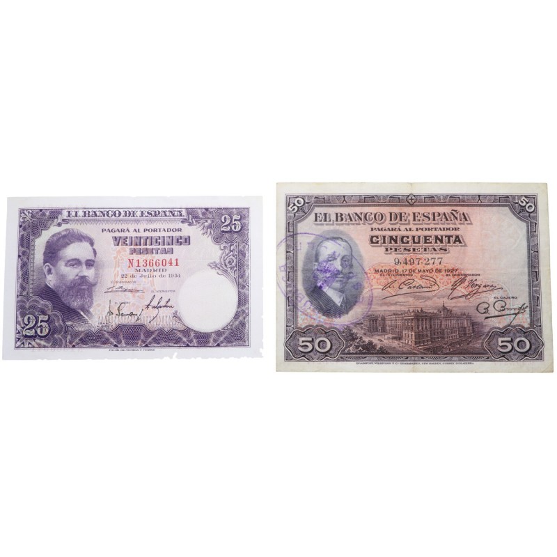 1954 y 1927. Billetes españoles. Albéniz y Alfonso XIII. Lote 2 billetes: 25 pes...