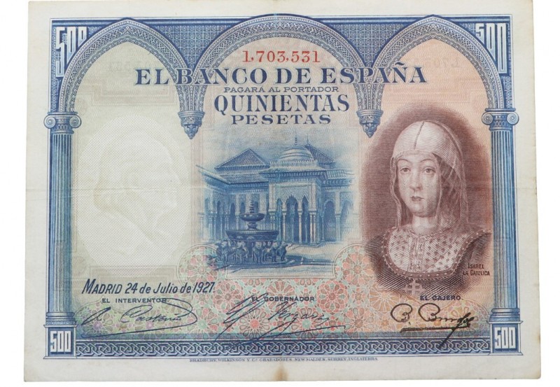 1927. Billetes españoles. Isabel la Católica. 500 pesetas. EBC- / MBC+. Est.18....