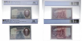 1928. Billetes Españoles. II República. Seire E, Calderón. Pareja correlativa: 25 pesetas. Certificados en PCGS 66 OPQ. SC. Est.120.