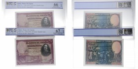 1928. Billetes Españoles. II República. Seire E. Velázquez. Pareja correlativa: 50 pesetas. Certificados en PCGS 66 y 67 OPQ. SC. Est.120.