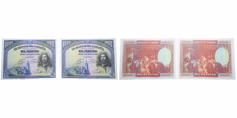 1928. Billetes Españoles. Pareja correlativa: 1000 pesetas. MUY escasos en esta ...