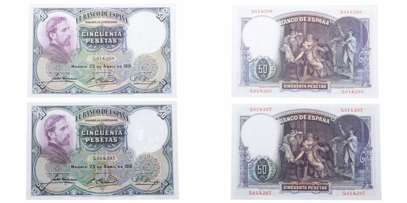 1931. Billetes Españoles. Pareja correlativa: 50 pesetas. MUY escasos en esta ca...