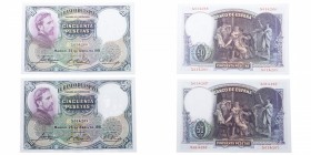 1931. Billetes Españoles. Pareja correlativa: 50 pesetas. MUY escasos en esta calidad. SC. Est.200.