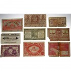 1937. Guerra Civil (1936-1939). Billete local. Lote de 9 billetes locales: Aguilas, Orihuela, Linares, Murcia, Montserrat, Gandesa, Barcelona, Alicant...