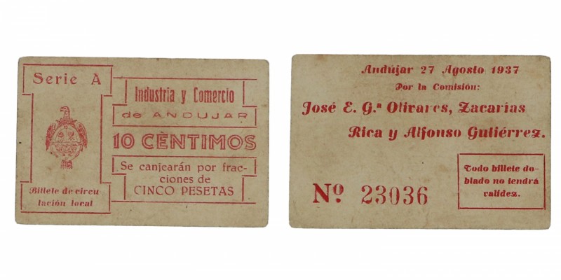 1937. Guerra Civil (1936-1939). Industria y Comercio de Andújar. 10 céntimos. EB...