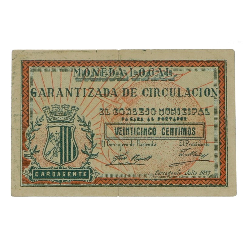 1937. Guerra Civil (1936-1939). Carcagente. 25 céntimos. EBC-. Est.30.