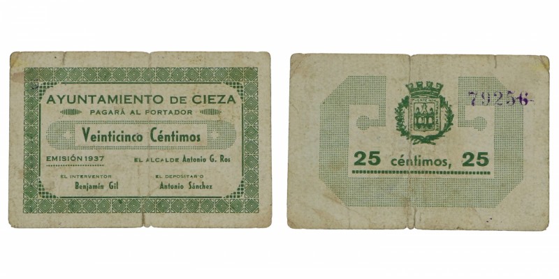 1937. Guerra Civil (1936-1939). Cieza. 25 céntimos. MBC. Est.24.