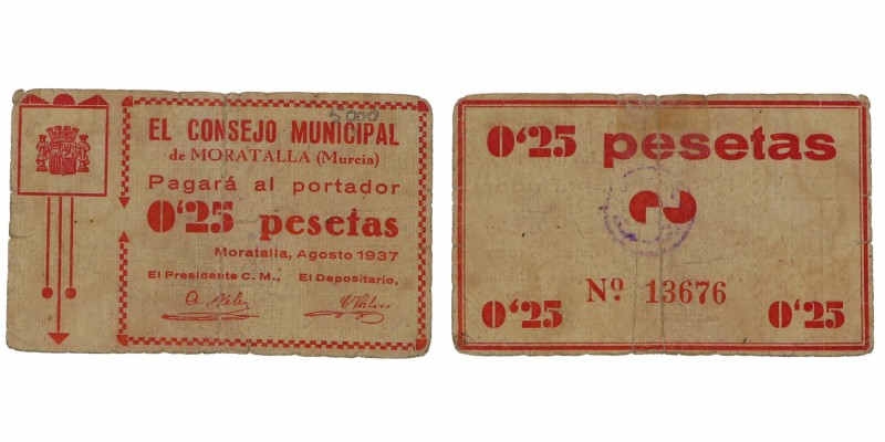 1937. Guerra Civil (1936-1939). Moratalla. Murcia. 25 céntimos. MBC+. Est.20.