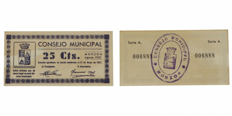 1937. Guerra Civil (1936-1939). Consejo Municipal de Monzón. 50 céntimos. EBC. E...