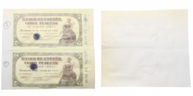 1937. Billetes Españoles. MUESTRAS pareja 5 pesetas. Pegadas en papel de libro, MUY RARAS. EBC+. Est.500.
