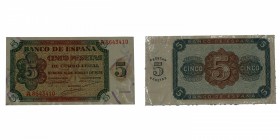 1938. Billetes España. Franco. Burgos. 5 pesetas. Doblez central pero buen ejemplar. EBC. Est.40.