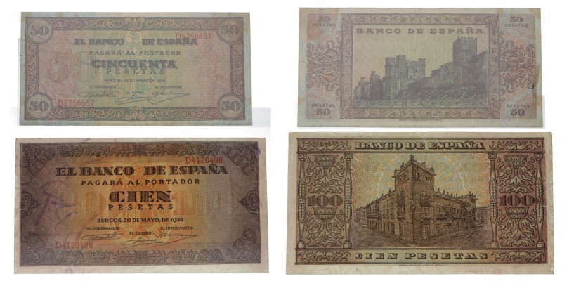 1938. Billetes España. Franco. Lote de dos billetes: 50 y 100 pesetas. Doblez ce...