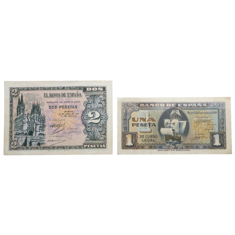 1940 y 1938. Billetes españoles. Carabela y Catedral. Lote 2 billetes: 1 peseta ...