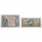 1940 y 1938. Billetes españoles. Carabela y Catedral. Lote 2 billetes: 1 peseta y 2 pesetas. EBC-. Est.14.
