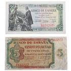 1938 y 1943. Billetes españoles. Motivos geométricos y Capitulaciones. Lote 2 billetes: 5 pesetas y 5 pesetas. EBC-. Est.20.