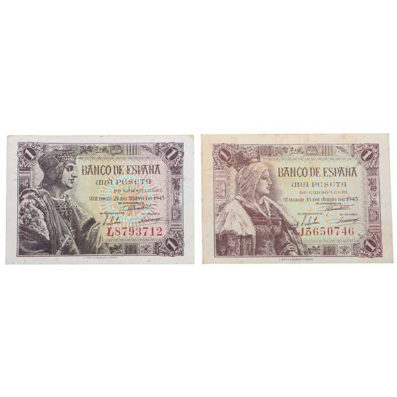 1943 y 1945. Billetes españoles. Fernando el Católico e Isabel la Católica. Lote...