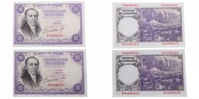 1946. Billetes Españoles. Franco. Serie D. Flórez Estrada. Pareja correlativa: 25 pesetas. Atractivos. EBC+. Est.80.