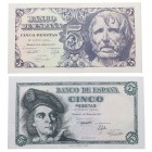 1947 y 1948. Billetes españoles. Séneca y Elcano. Lote 2 billetes: 5 pesetas y 5 pesetas. EBC. Est.20.