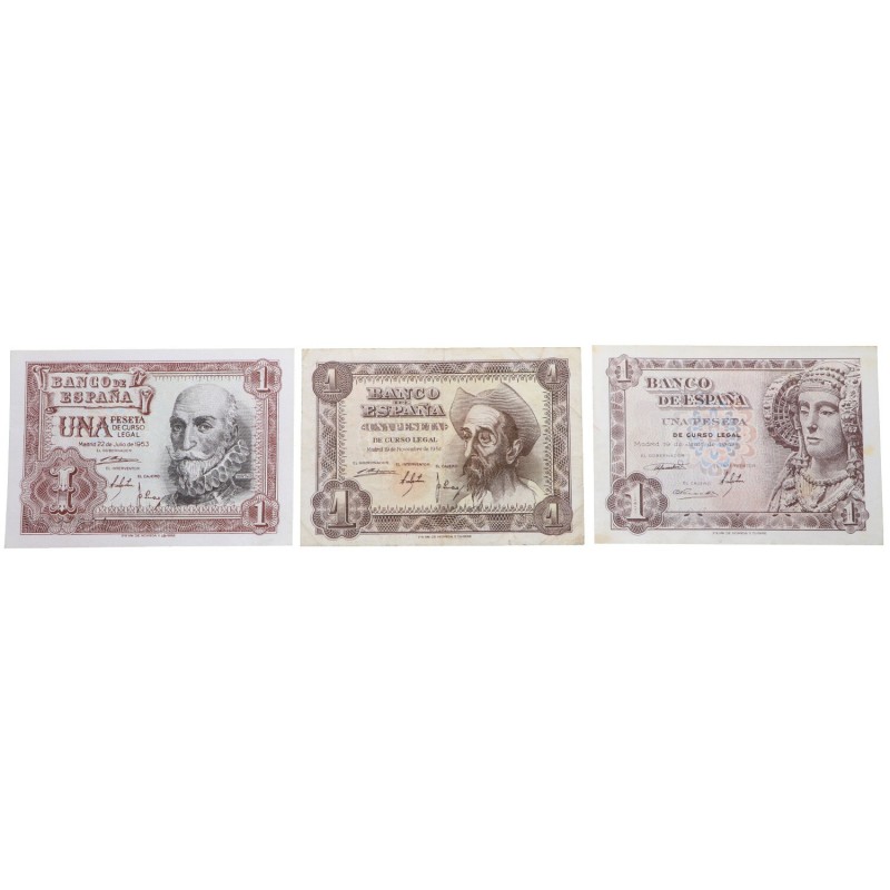 1948, 1951 y 1953. Billetes españoles. Dama de Elche, Quijote y Cervantes. Lote ...
