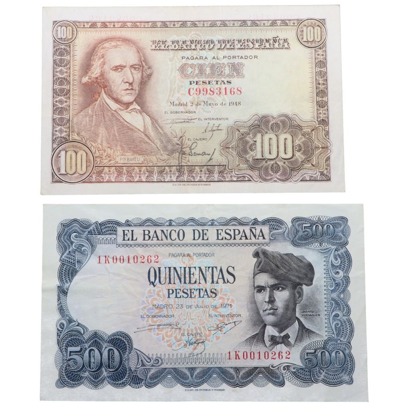 1948 y 1971. Billetes españoles. Bayeu y Verdaguer. Lote de 2 billetes: 100 pese...