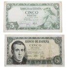 1951 y 1954. Billetes españoles. Balmes y Alfonso X. Lote 2 billetes: 5 pesetas y 5 pesetas. EBC-. Est.10.