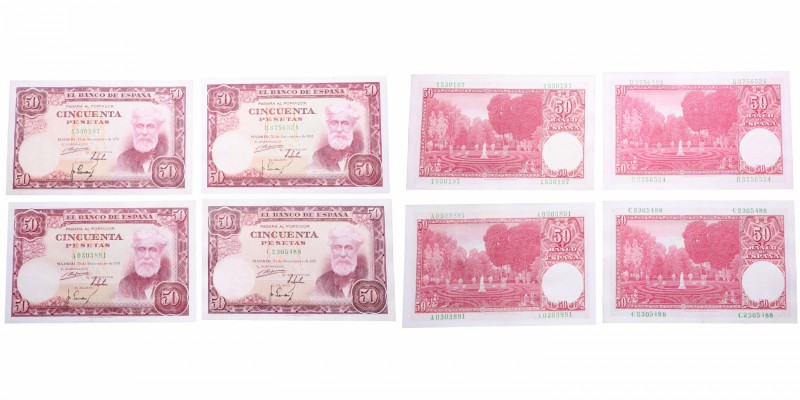 1951. Billetes Españoles. Lote de 4 billetes: 50 pesetas SIN Serie, serie A, B y...