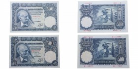 1951. Billetes Españoles. Franco. SIN Serie y Serie B. Benlliure. Lote de dos billetes: 500 pesetas. Atractivos. EBC+. Est.150.