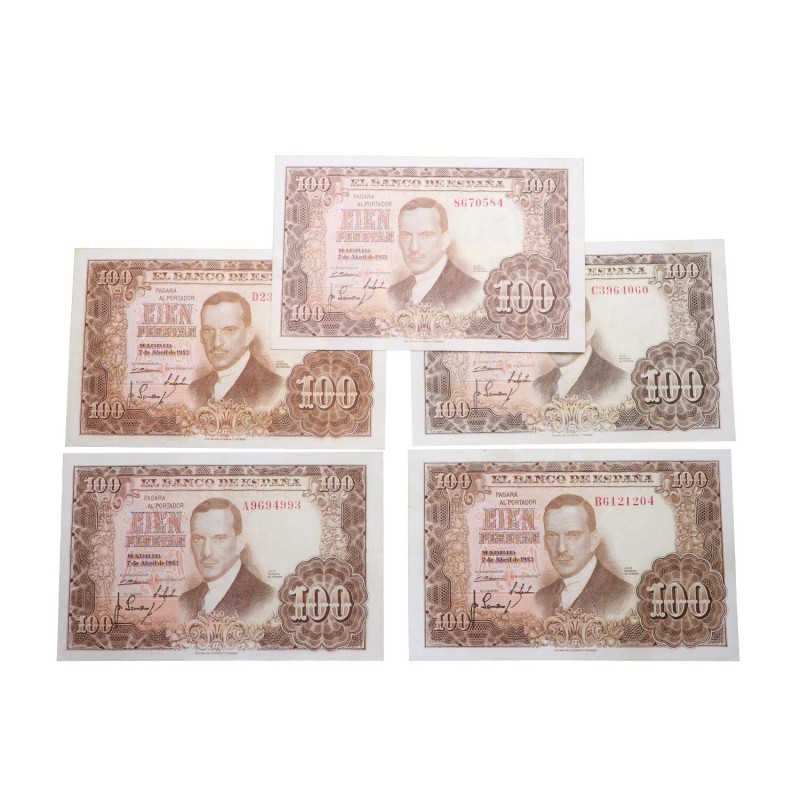 1953. Billetes Españoles. Sin serie, Serie A, B, C y D. Lote de 5 billetes: 100 ...