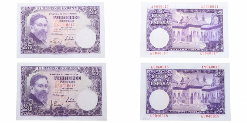 1954. Billetes Españoles. Serie A. Pareja 25 pesetas. RARO. EBC+. Est.50.