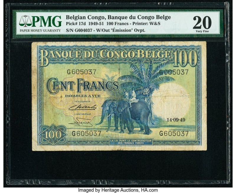 Belgian Congo Banque du Congo Belge 100 Francs 14.9.1949 Pick 17d PMG Very Fine ...