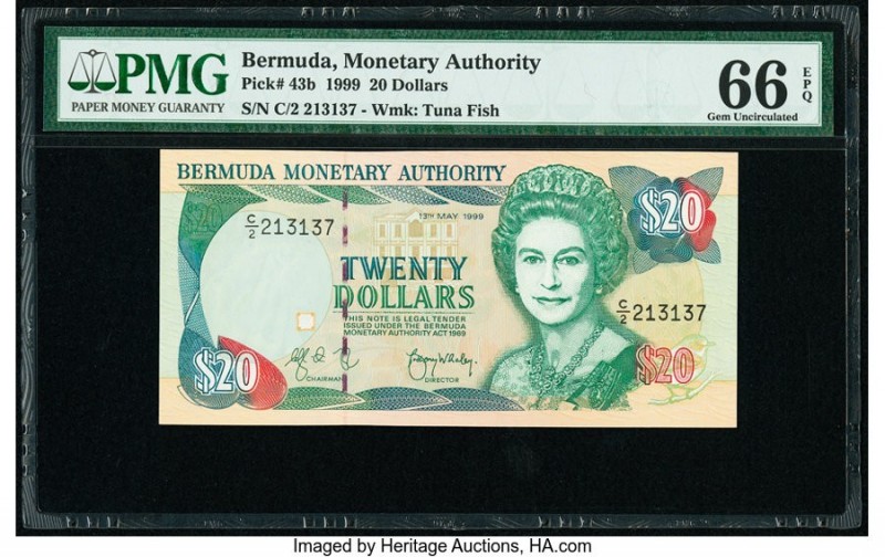 Bermuda Monetary Authority 20 Dollars 1999 Pick 43b PMG Gem Uncirculated 66 EPQ....