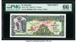 El Salvador Banco Central de Reserva de El Salvador 5 Colones 1962-63 Pick 102s Specimen PMG Gem Uncirculated 66 EPQ. Red MUESTRA SIN VALOR.

HID09801...