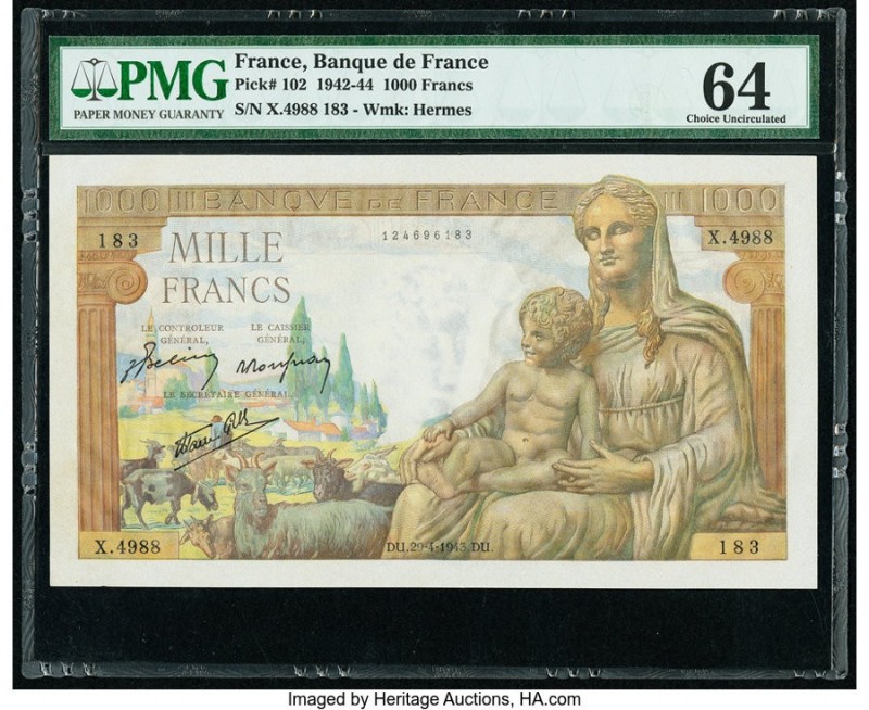 France Banque de France 1000 Francs 29.4.1943 Pick 102 PMG Choice Uncirculated 6...