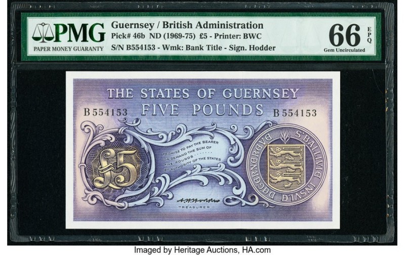 Guernsey States of Guernsey 5 Pounds ND (1969-75) Pick 46b PMG Gem Uncirculated ...