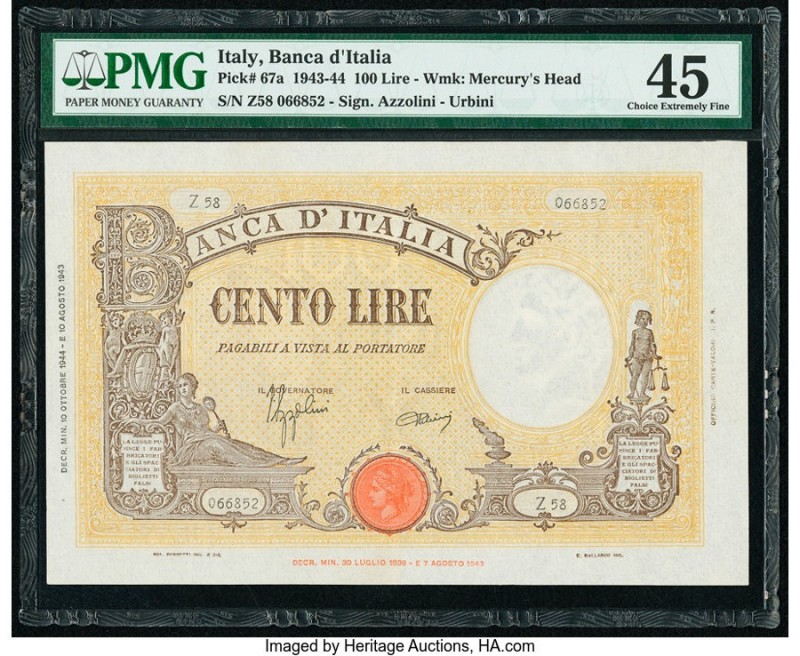 Italy Banca d'Italia 100 Lire 10.10.1944 Pick 67a PMG Choice Extremely Fine 45. ...