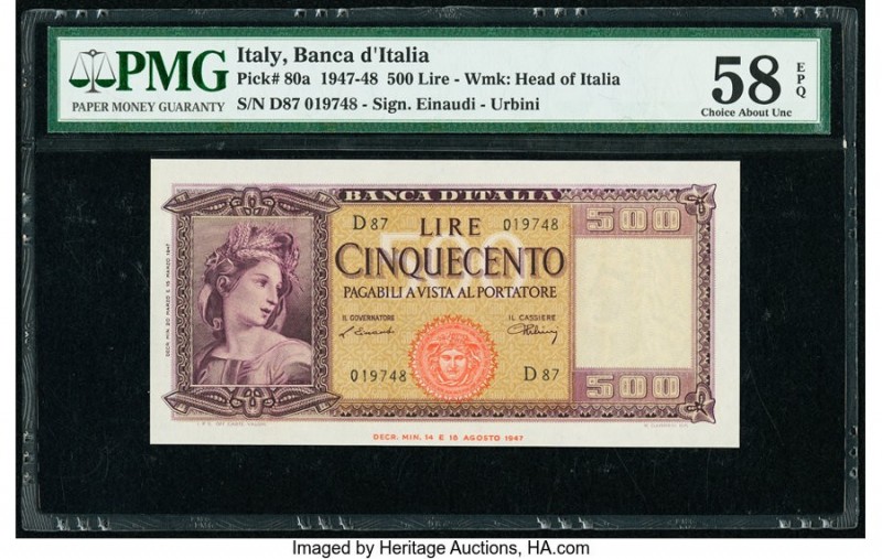 Italy Banca d'Italia 500 Lire 18.8.1947 Pick 80a PMG Choice About Unc 58 EPQ. 

...
