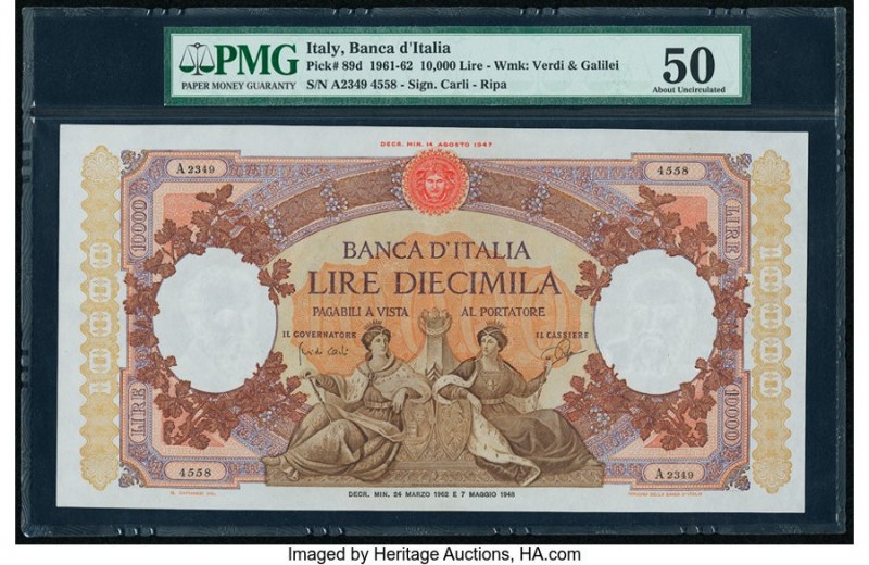 Italy Banca d'Italia 10,000 Lire 24.3.1962 Pick 89d PMG About Uncirculated 50. 
...