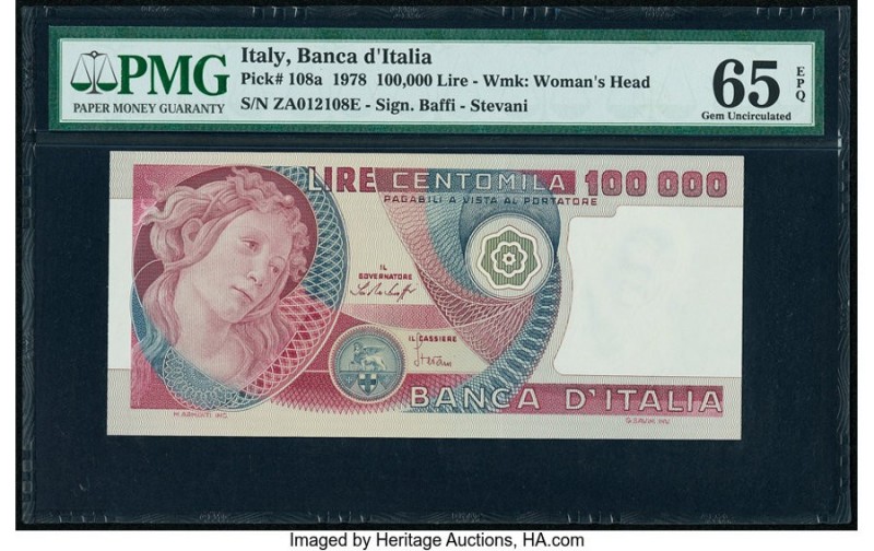 Italy Banca d'Italia 100,000 Lire 1978 Pick 108a PMG Gem Uncirculated 65 EPQ. 

...