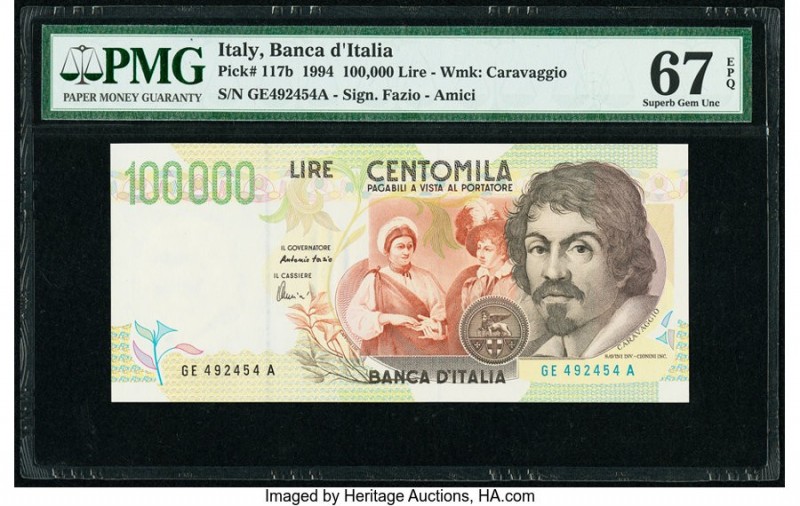 Italy Banca d'Italia 100,000 Lire 1994 Pick 117b PMG Superb Gem Unc 67 EPQ. 

HI...