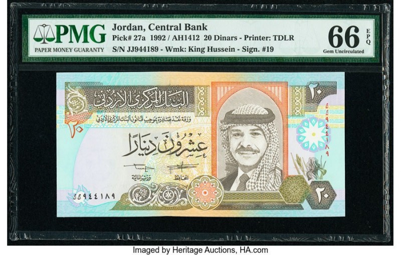 Jordan Central Bank 20 Dinars 1992 / AH1412 Pick 27a PMG Gem Uncirculated 66 EPQ...