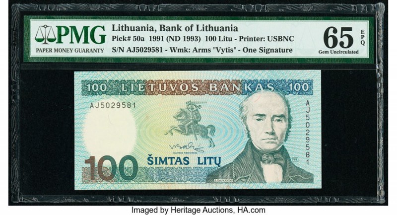 Lithuania Bank of Lithuania 100 Litu 1991 (1993) Pick 50a PMG Gem Uncirculated 6...