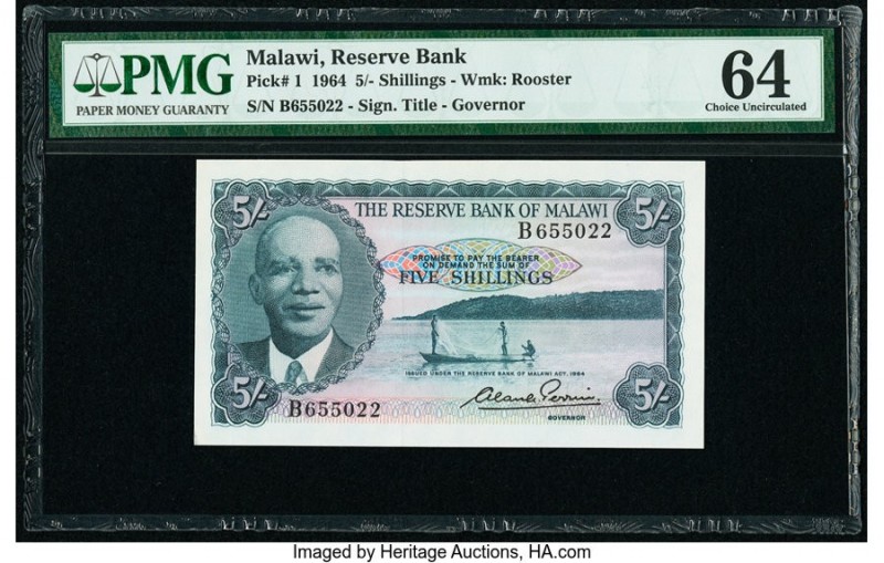 Malawi Reserve Bank of Malawi 5 Shillings 1964 Pick 1 PMG Choice Uncirculated 64...