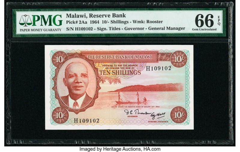 Malawi Reserve Bank of Malawi 10 Shillings 1964 Pick 2Aa PMG Gem Uncirculated 66...