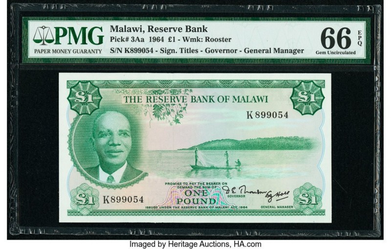 Malawi Reserve Bank of Malawi 1 Pound 1964 Pick 3Aa PMG Gem Uncirculated 66 EPQ....