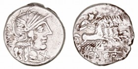 Fannia
Denario. AR. Roma. (123 a.C.). A/Cabeza de Roma a der., delante X, detrás ROMA. R/Victoria con corona en cuadriga a der., en exergo M· FAN· C·...