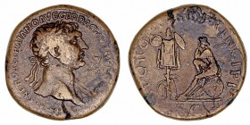 Trajano
Sestercio. AE. (98-117 d.C.). R/S.P.Q.R. OPTIMO PRINCIPI. S.C. Dacio sentado a izq. sobre un escudo redondo y frente a trofeo. 22.80g. RIC.56...