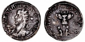 Galieno
Antoniniano. AR. (253-268). A/Busto radiado a izquierda con armadura, escudo y lanza, alrededor ley. R/GERMANICVS MAX. V. Dos cautivos maniat...